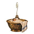 O896 — The Basin Cradle wooden Nativity ornament with gold spiral hook