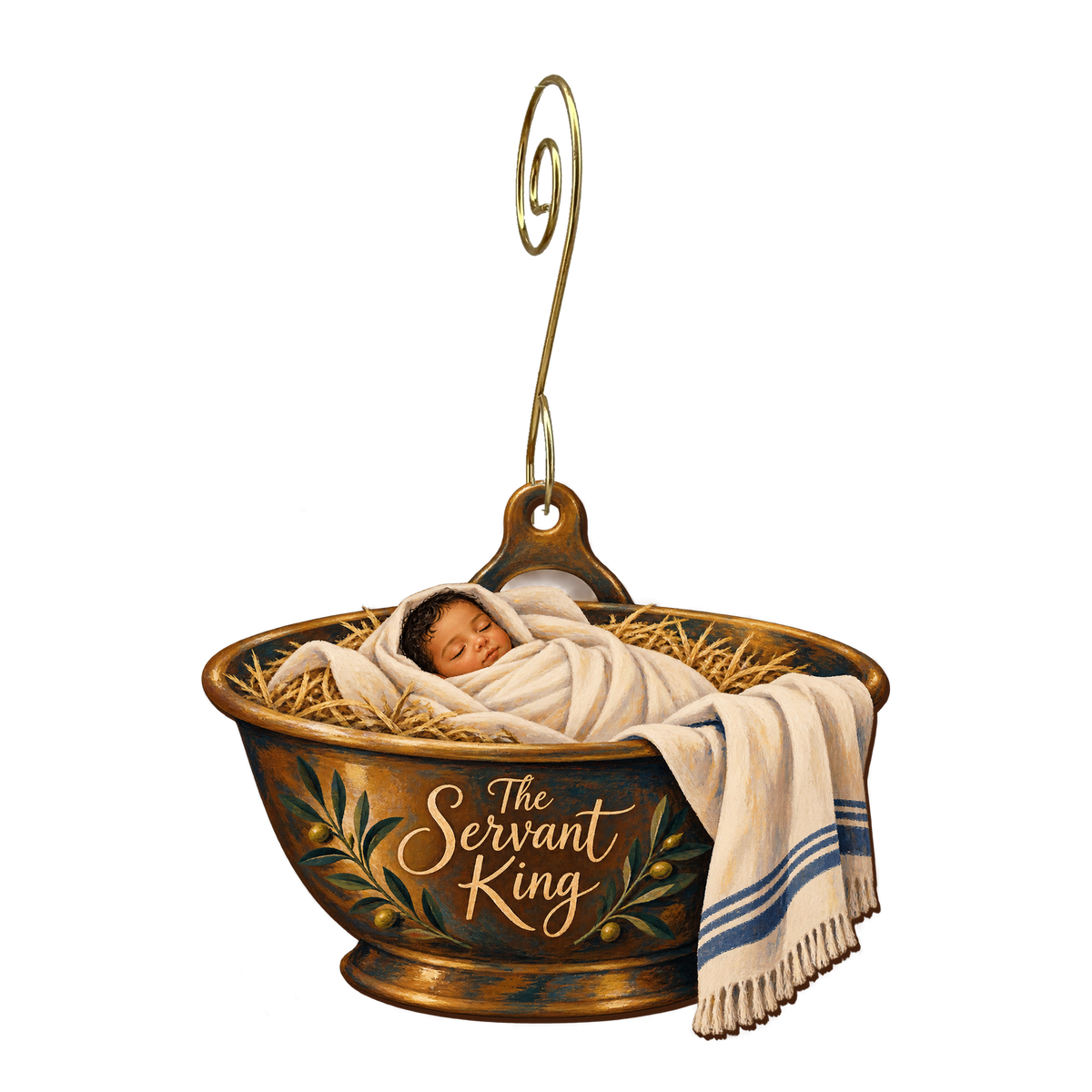 O896 — The Basin Cradle wooden Nativity ornament with gold spiral hook
