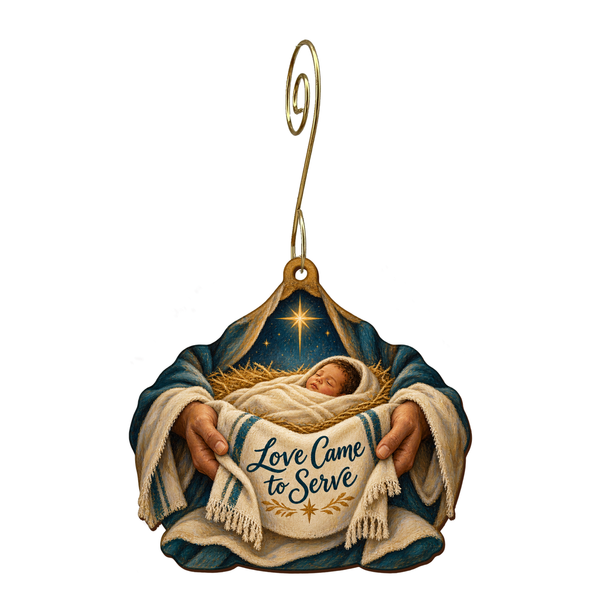 O897 — Hands of Humility wooden Nativity ornament with gold spiral hook