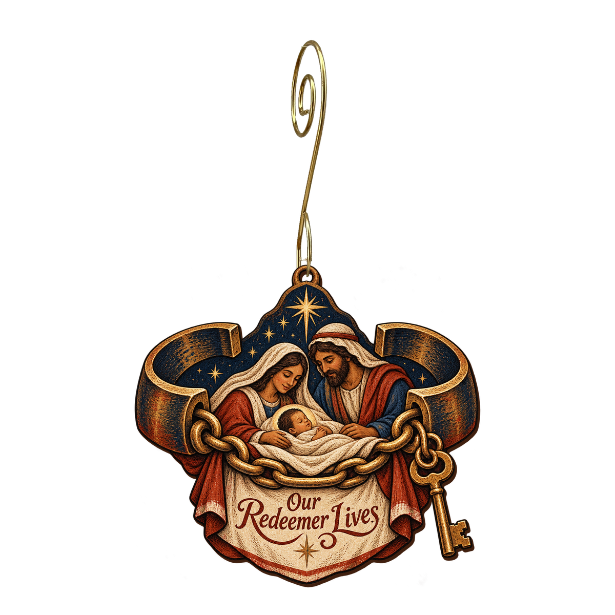 O898 — The Open Bond wooden Nativity ornament with gold spiral hook