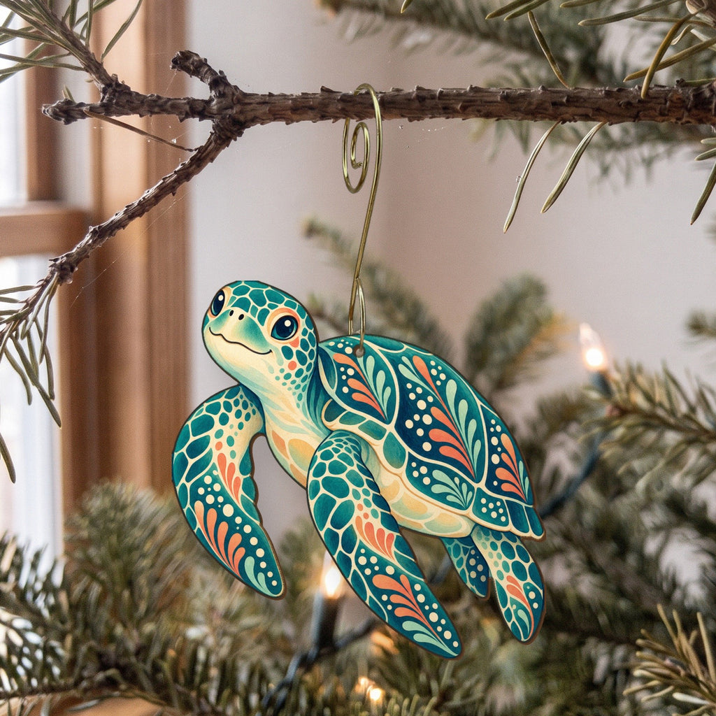 Laser-cut maple wood Green Sea Turtle folk art ornament O89 hanging on a fir branch, made in USA