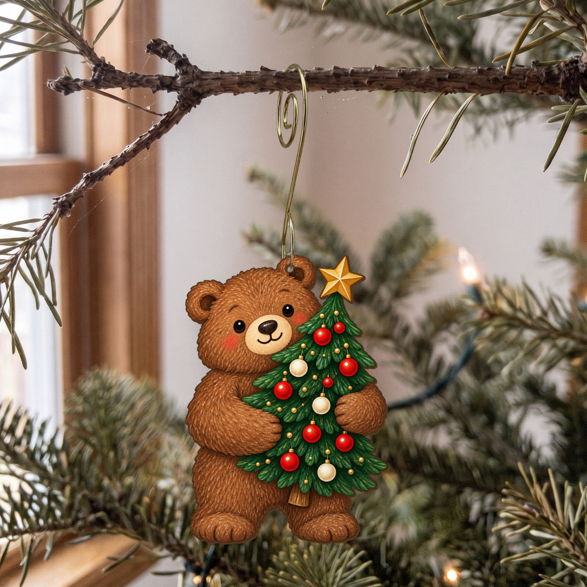 Laser-cut maple wood Christmas ornament O8 hanging on a fir branch, made in USA