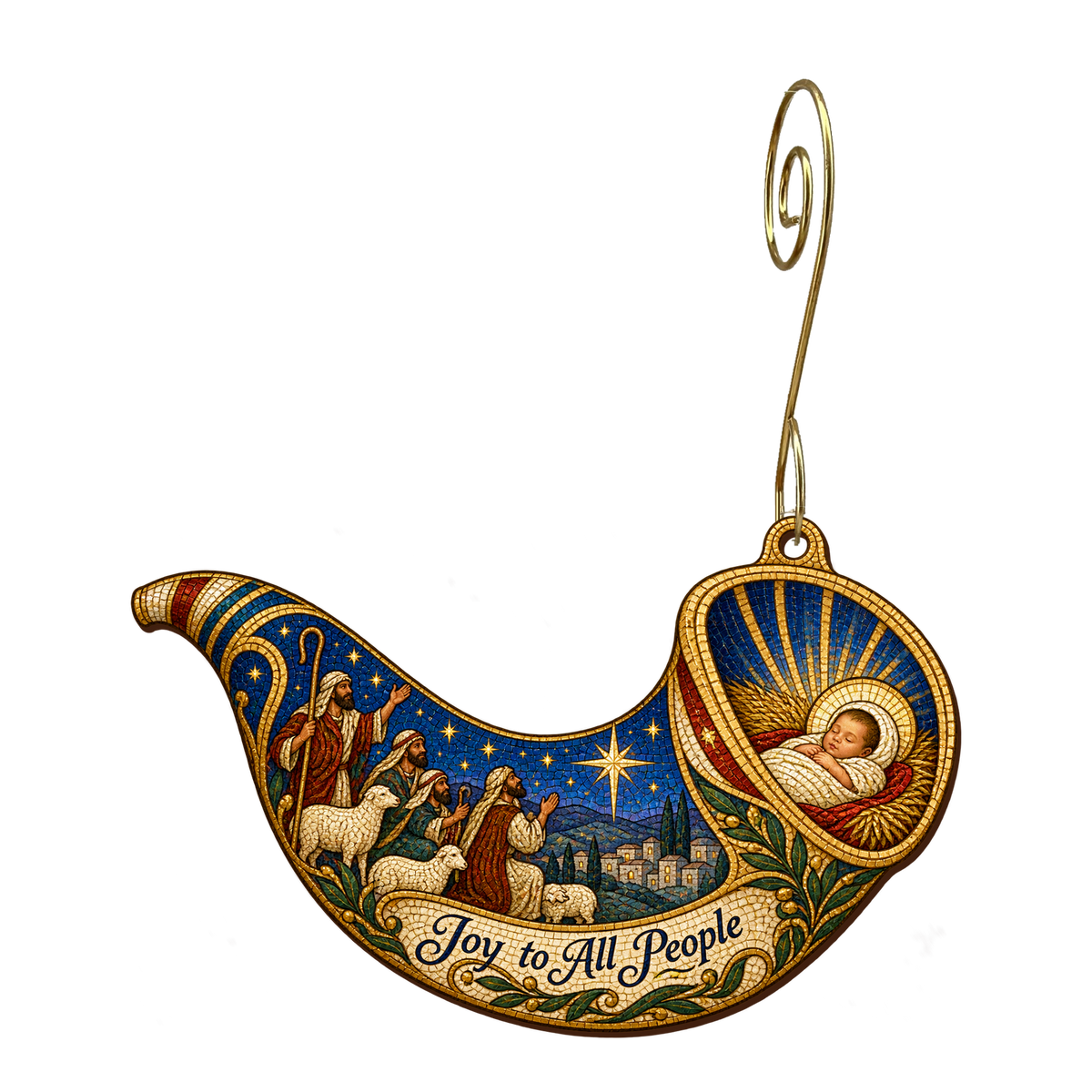 O900 — The Herald's Horn wooden Nativity ornament with gold spiral hook