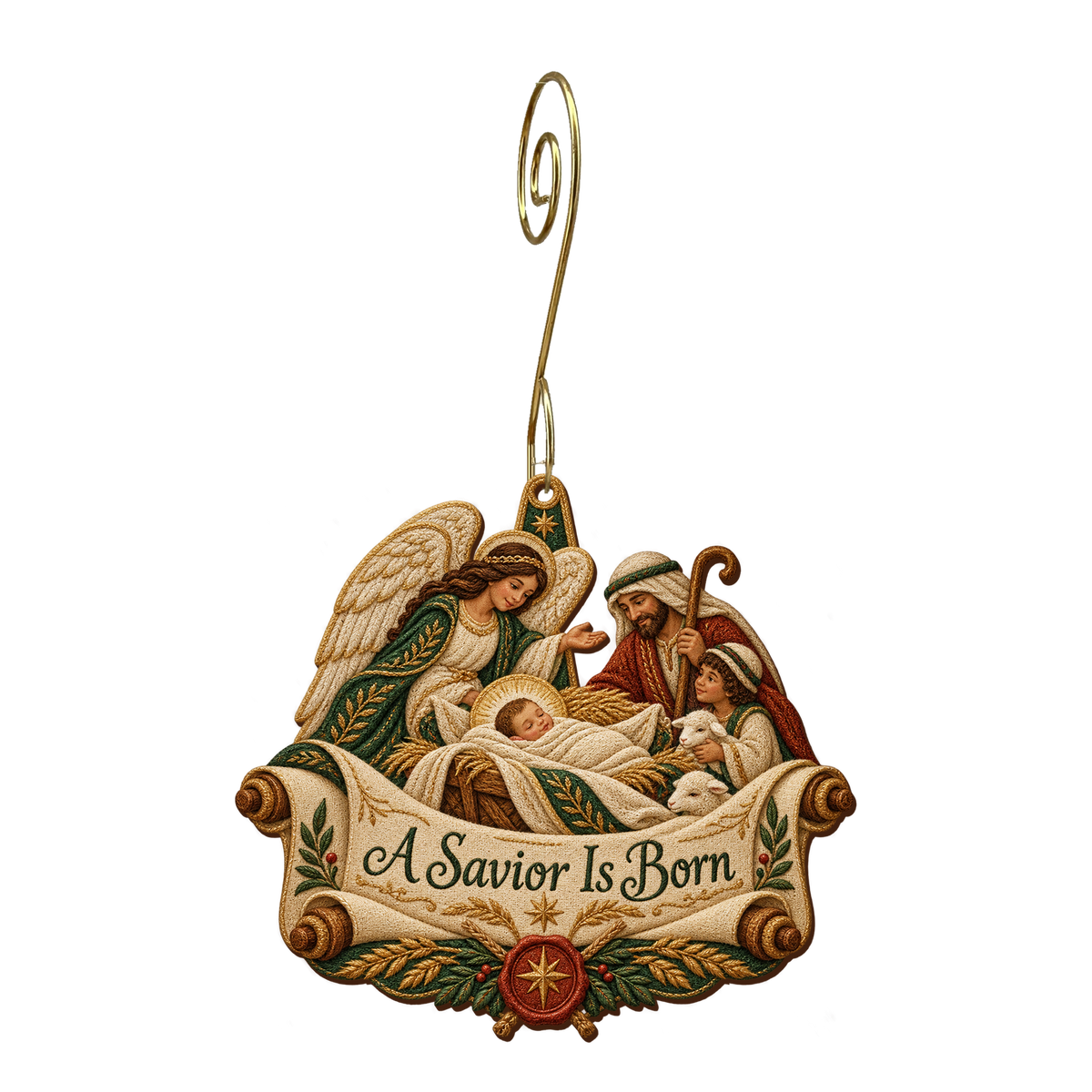 O901 — The Message Opens wooden Nativity ornament with gold spiral hook