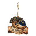 O902 — The Story Held Close wooden Nativity ornament with gold spiral hook