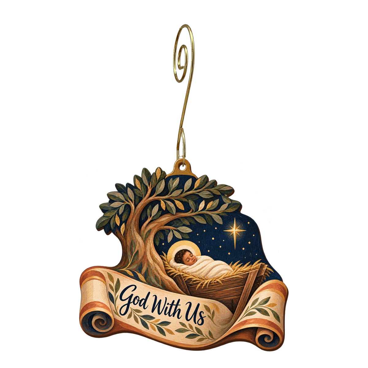 O902 — The Story Held Close wooden Nativity ornament with gold spiral hook