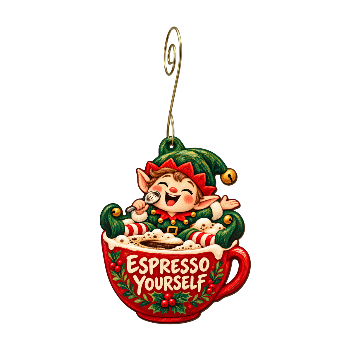 Espresso Yourself, Elf Ornament #O903 — full-color wooden ornament
