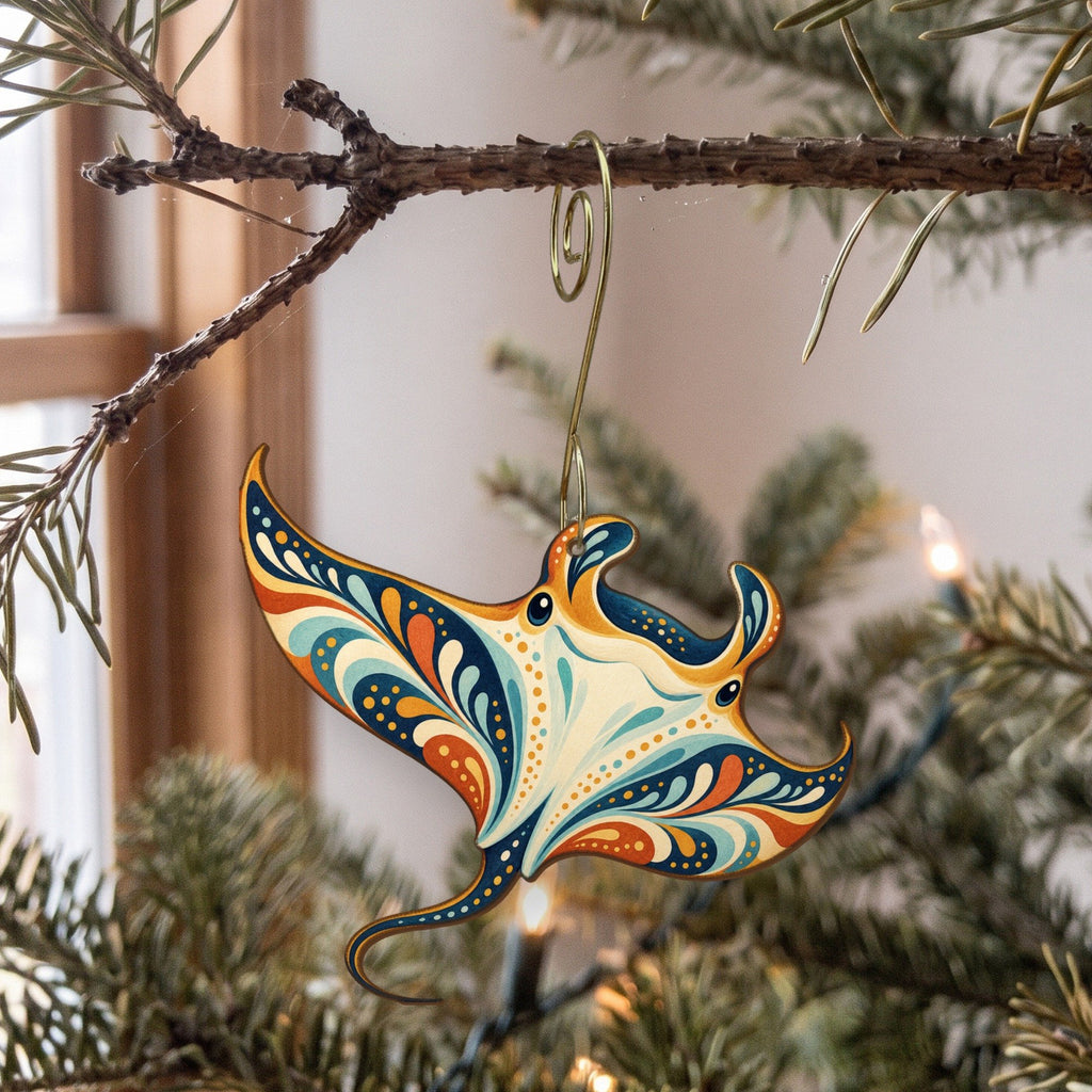 Laser-cut maple wood Manta Ray folk art ornament O90 hanging on a fir branch, made in USA