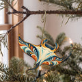 Laser-cut maple wood Manta Ray folk art ornament O90 hanging on a fir branch, made in USA