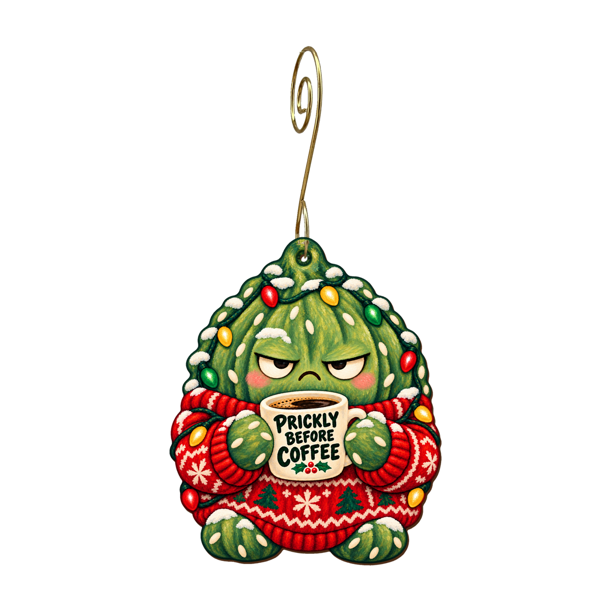 Prickly Before Coffee Ornament #O914 — full-color wooden ornament