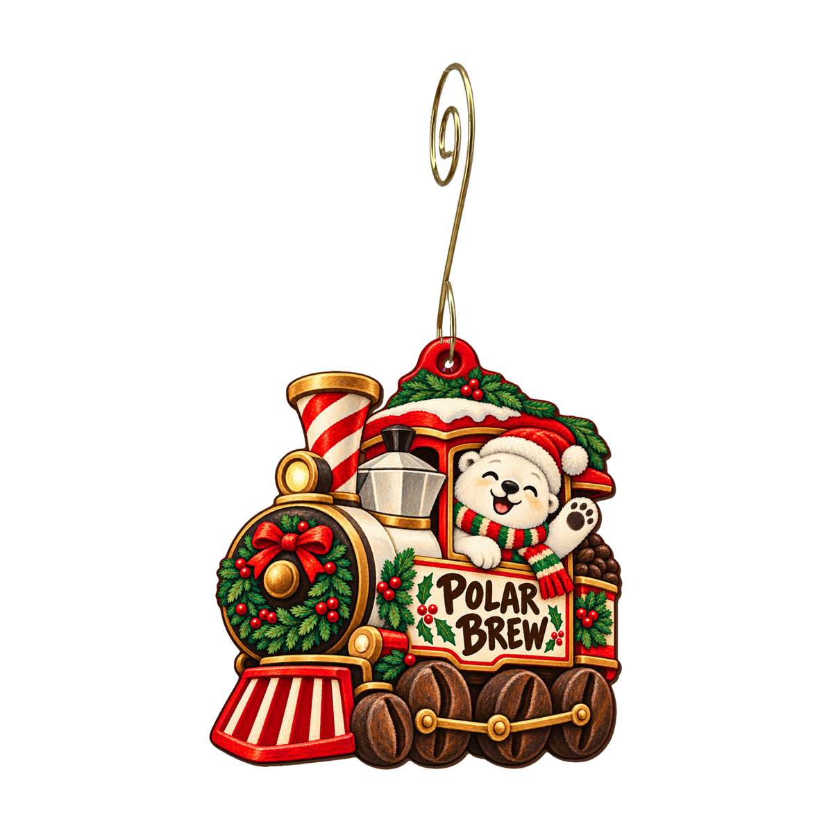 Polar Brew Express Ornament #O918 — full-color wooden ornament
