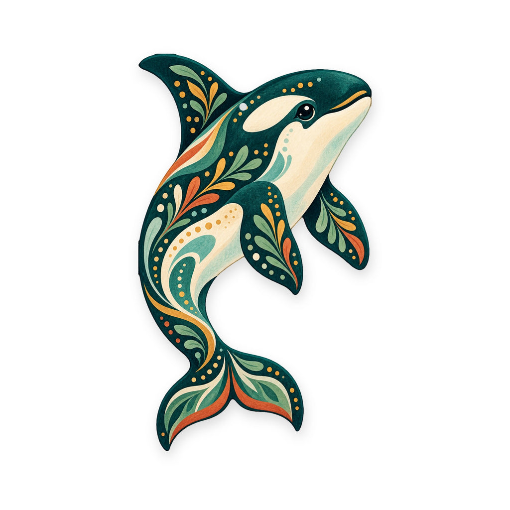 Orca folk art ornament O91 on white, laser-cut maple wood, made in USA