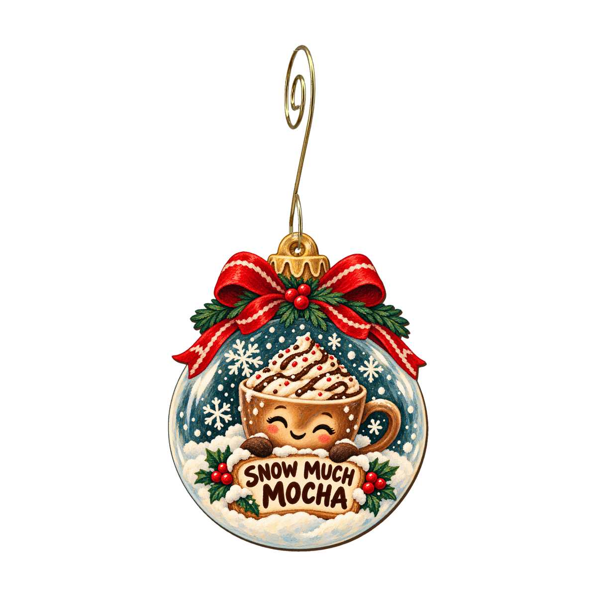 Mocha Snow Globe Ornament #O920 — full-color wooden ornament