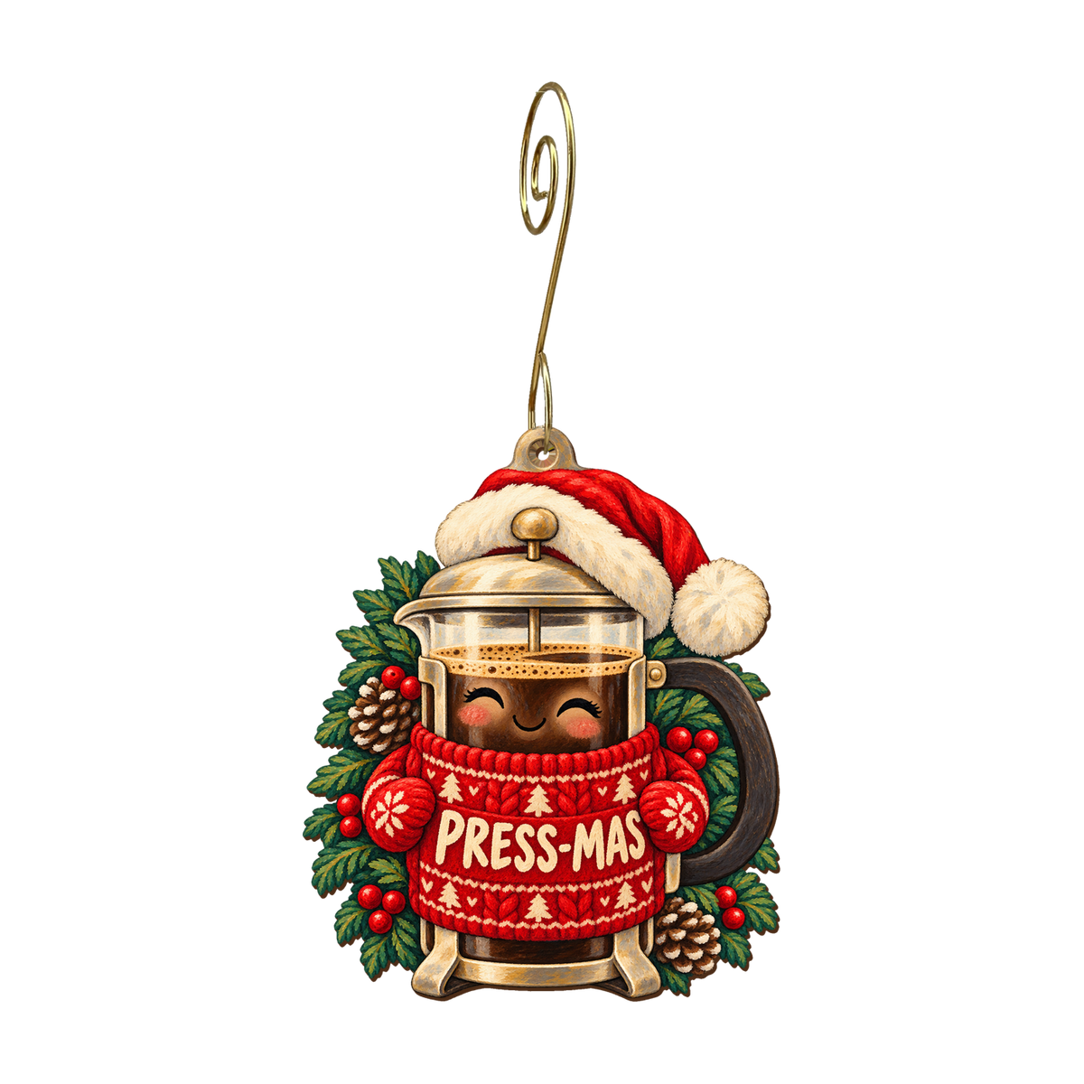 Merry French Press-mas Ornament #O922 — full-color wooden ornament