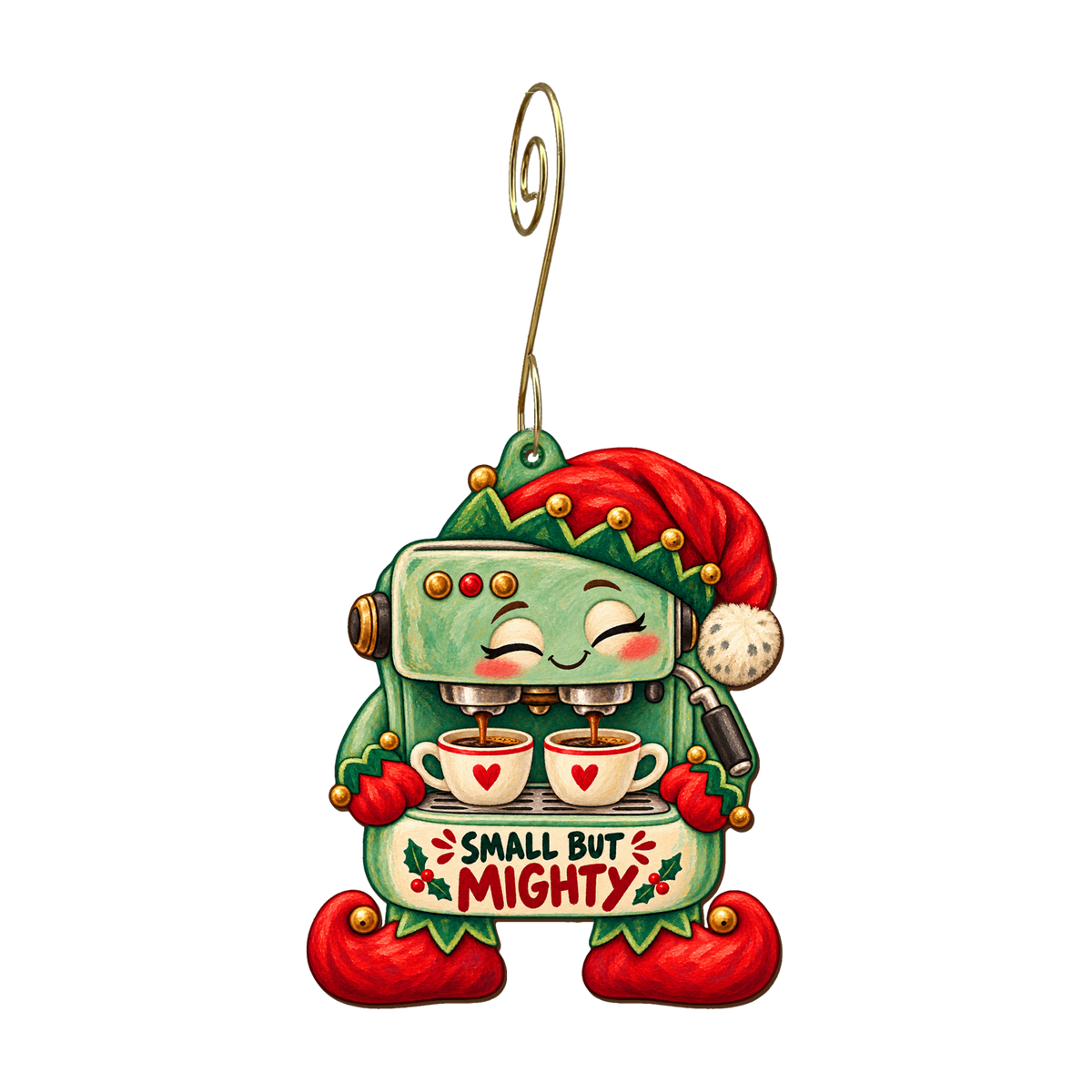 Elf-Sized Espresso Machine Ornament #O923 — full-color wooden ornament