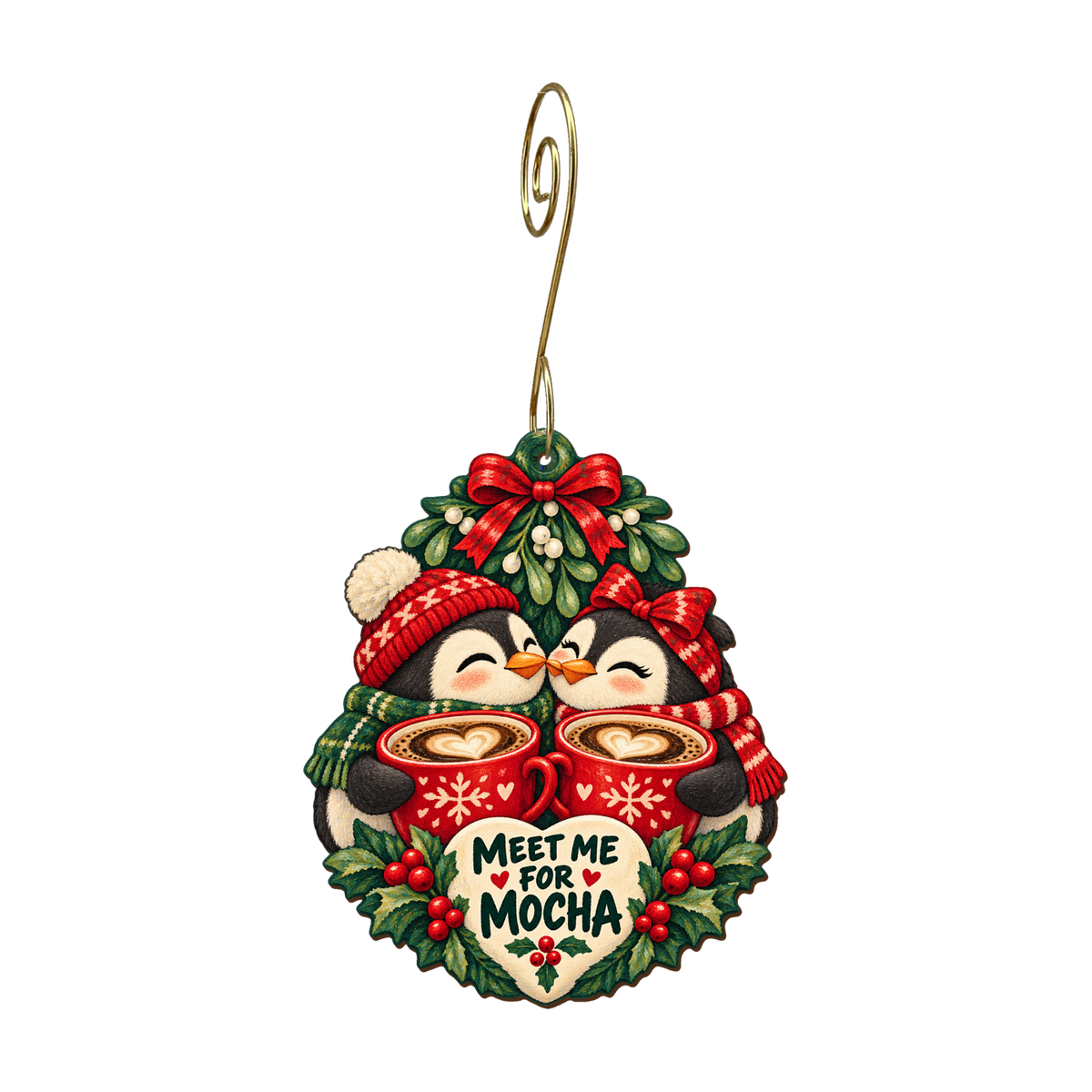 Mistletoe Mocha Kiss Ornament #O924 — full-color wooden ornament