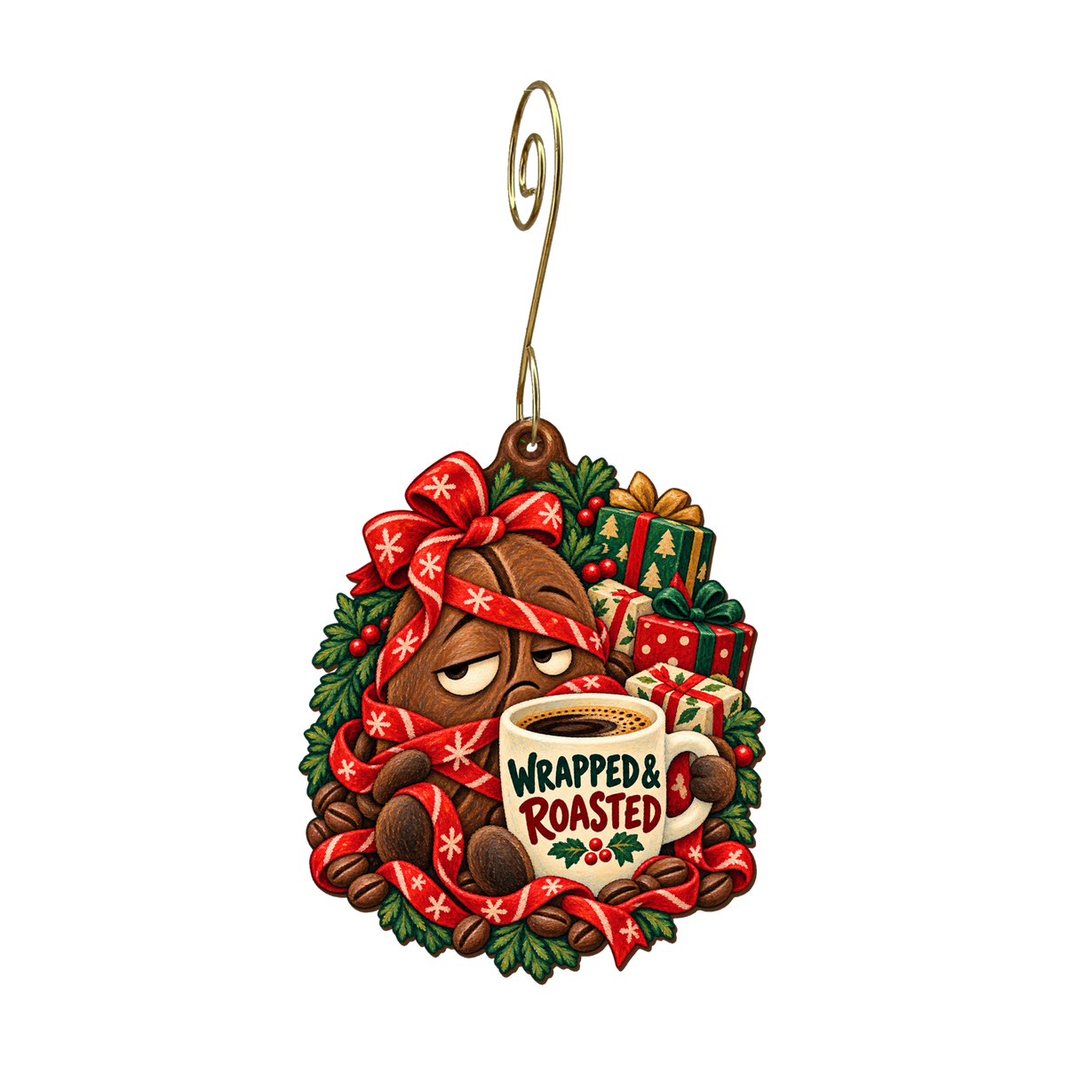 Bean There, Wrapped That Ornament #O925 — full-color wooden ornament