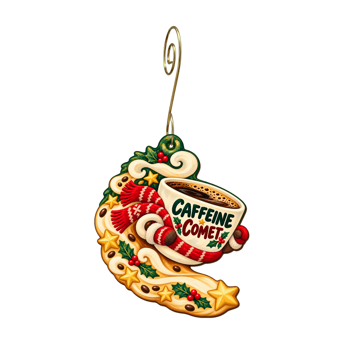 Christmas Caffeine Comet Ornament #O928 — full-color wooden ornament