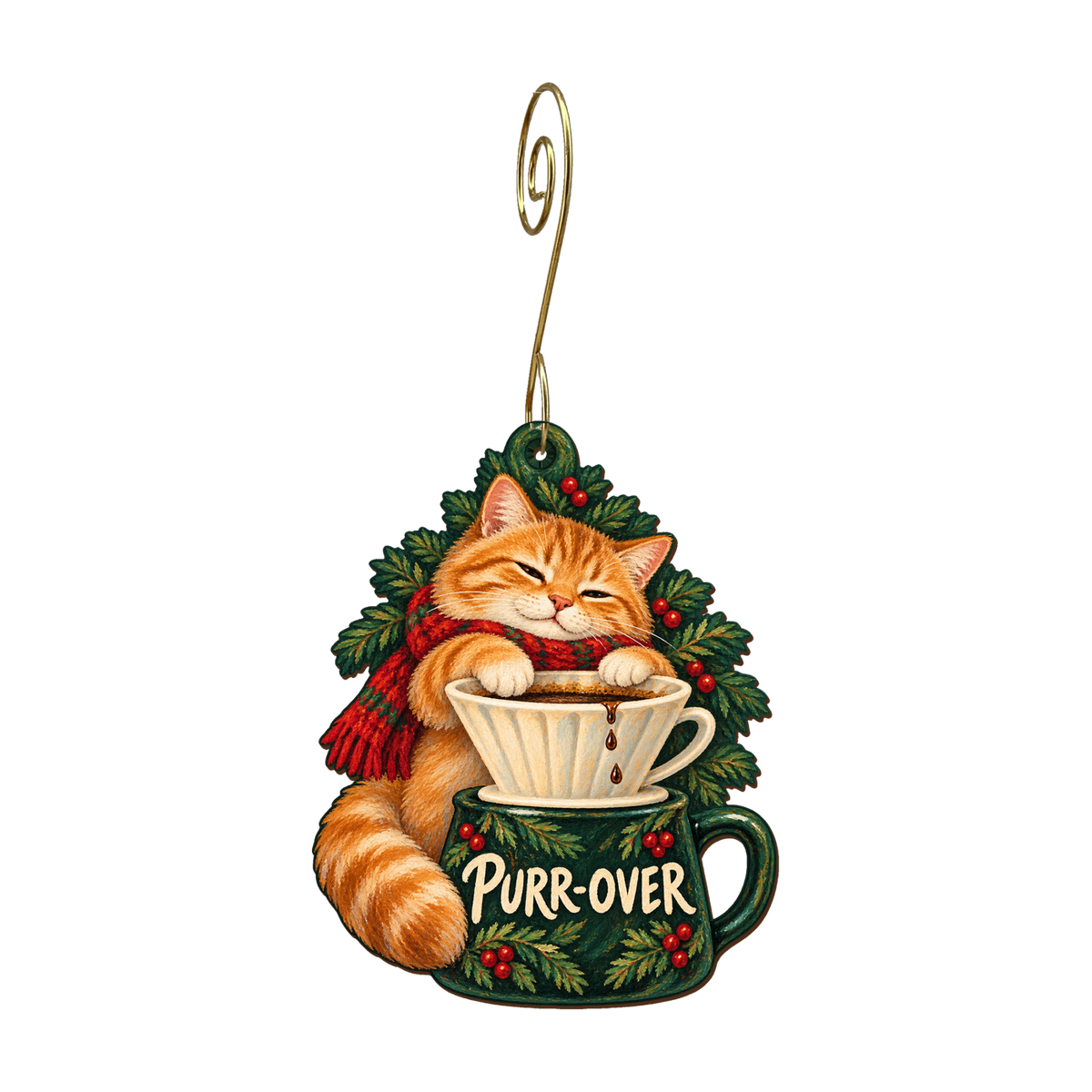 Caffeinated Christmas Cat Ornament #O930 — full-color wooden ornament