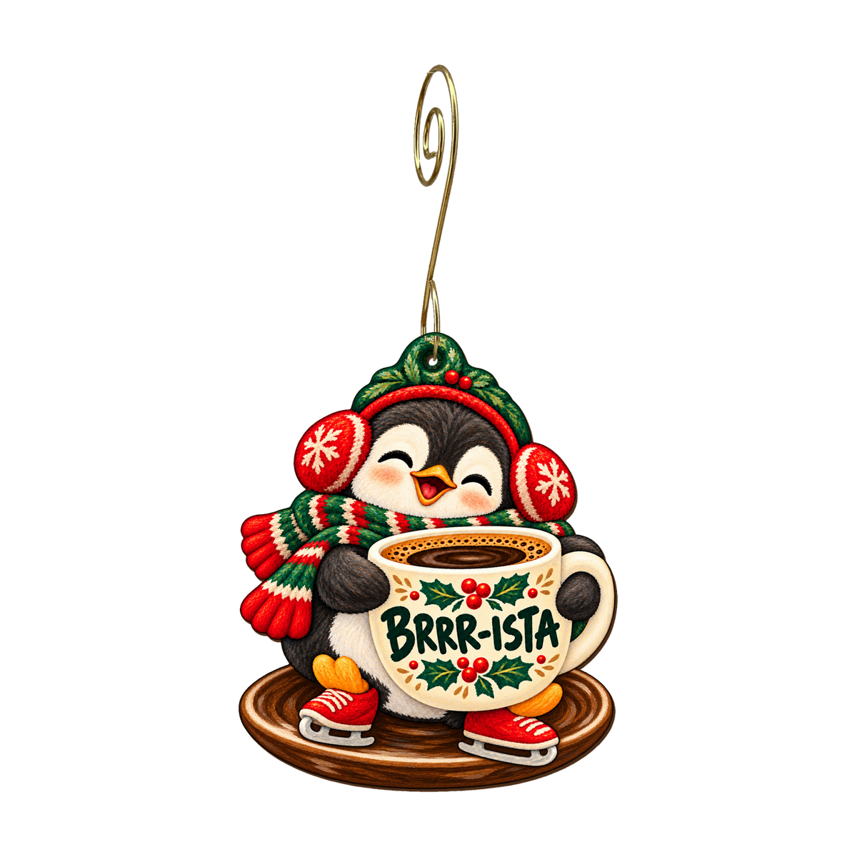 Penguin's Warm-Up Ornament #O931 — full-color wooden ornament