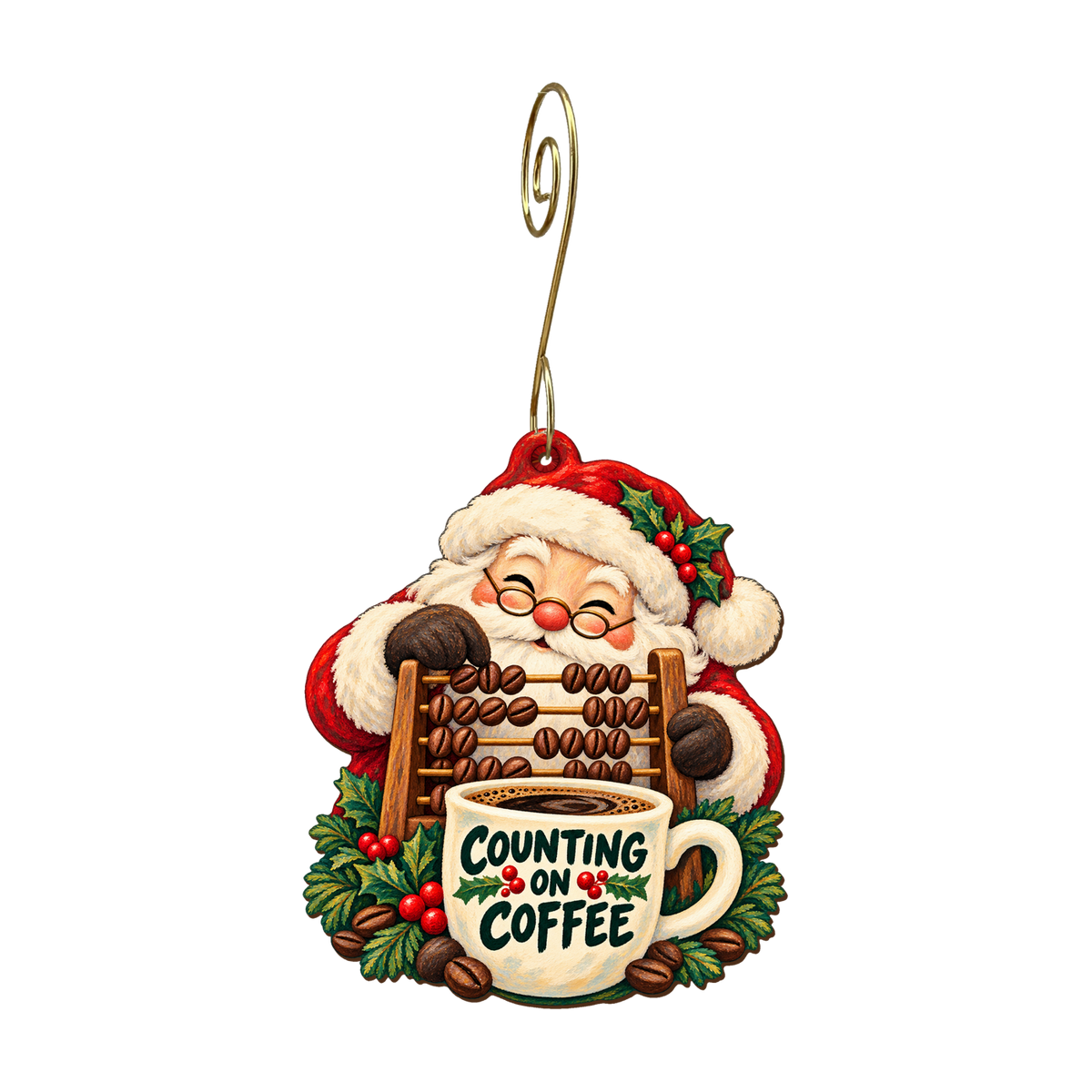 Santa's Bean Counter Ornament #O932 — full-color wooden ornament