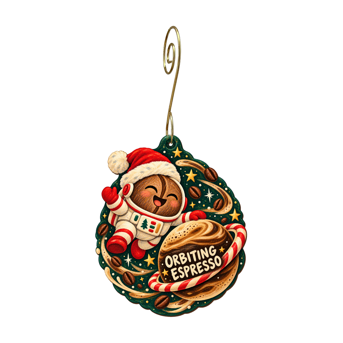 Santa's Coffee Satellite Ornament #O936 — full-color wooden ornament