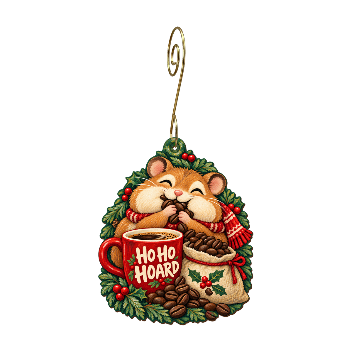 Holiday Hamster Hoard Ornament #O938 — full-color wooden ornament
