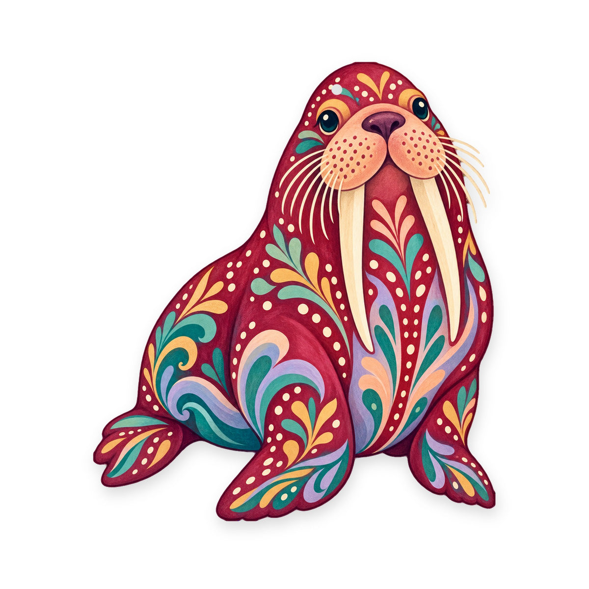 Walrus folk art ornament O94 on white, laser-cut maple wood, made in USA