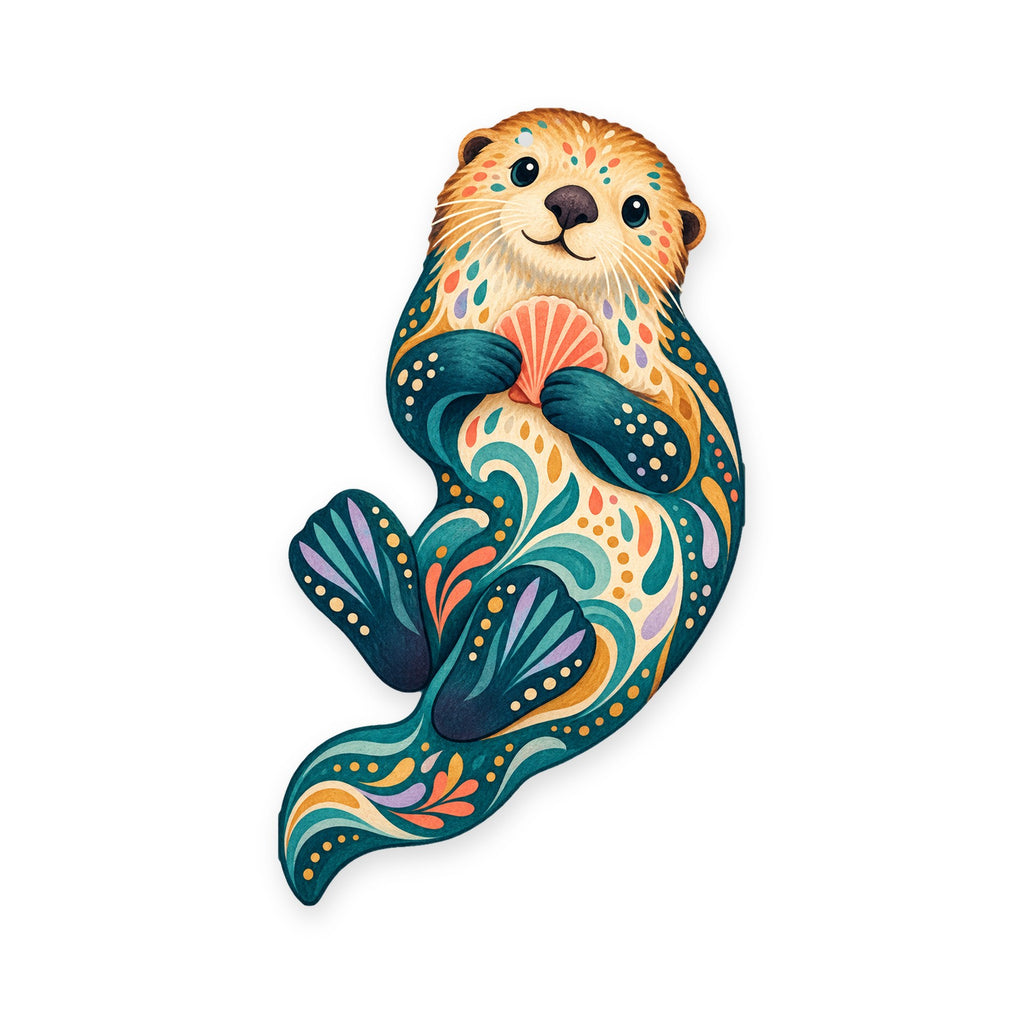 Sea Otter folk art ornament O95 on white, laser-cut maple wood, made in USA