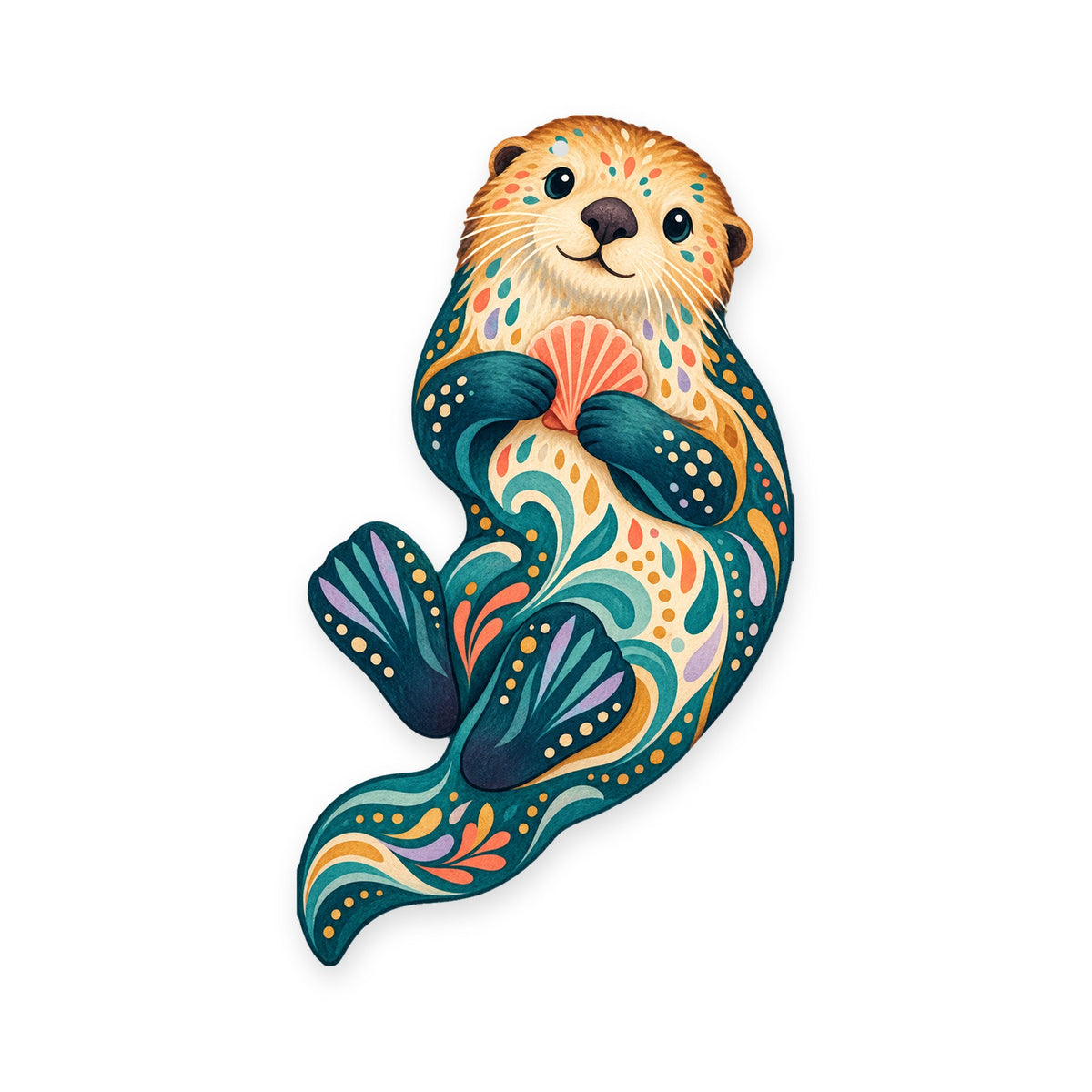 Sea Otter folk art ornament O95 on white, laser-cut maple wood, made in USA
