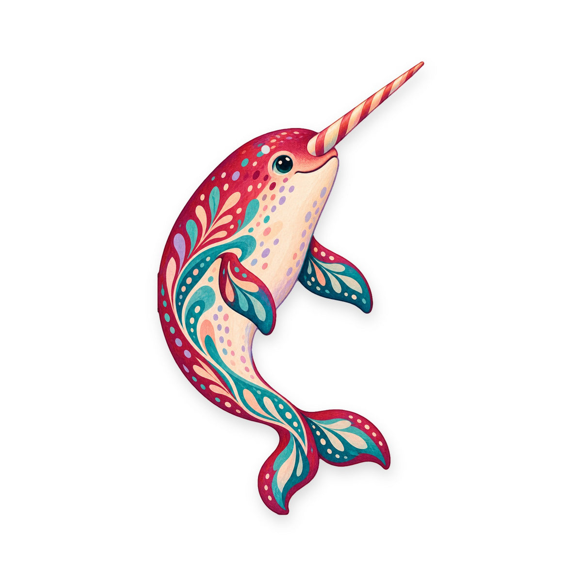 Narwhal folk art ornament O96 on white, laser-cut maple wood, made in USA