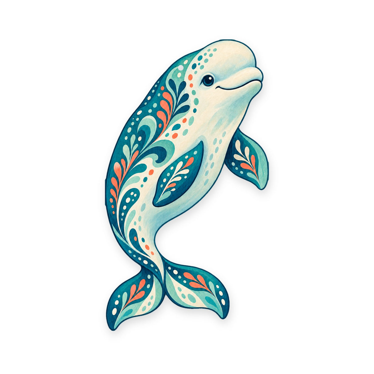 Beluga Whale folk art ornament O97 on white, laser-cut maple wood, made in USA
