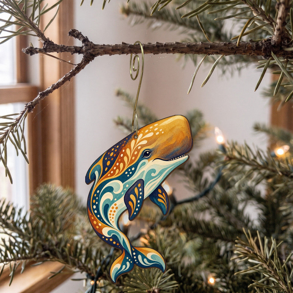 Laser-cut maple wood Sperm Whale folk art ornament O98 hanging on a fir branch, made in USA