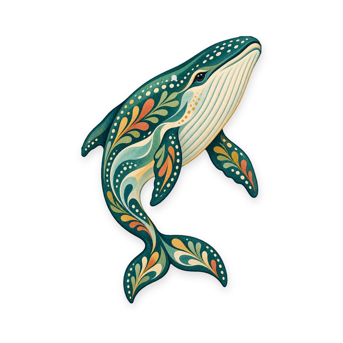 Blue Whale folk art ornament O99 on white, laser-cut maple wood, made in USA