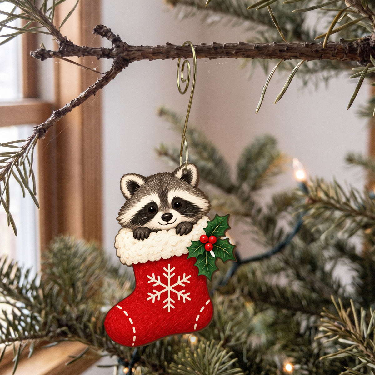 Laser-cut maple wood Christmas ornament O9 hanging on a fir branch, made in USA