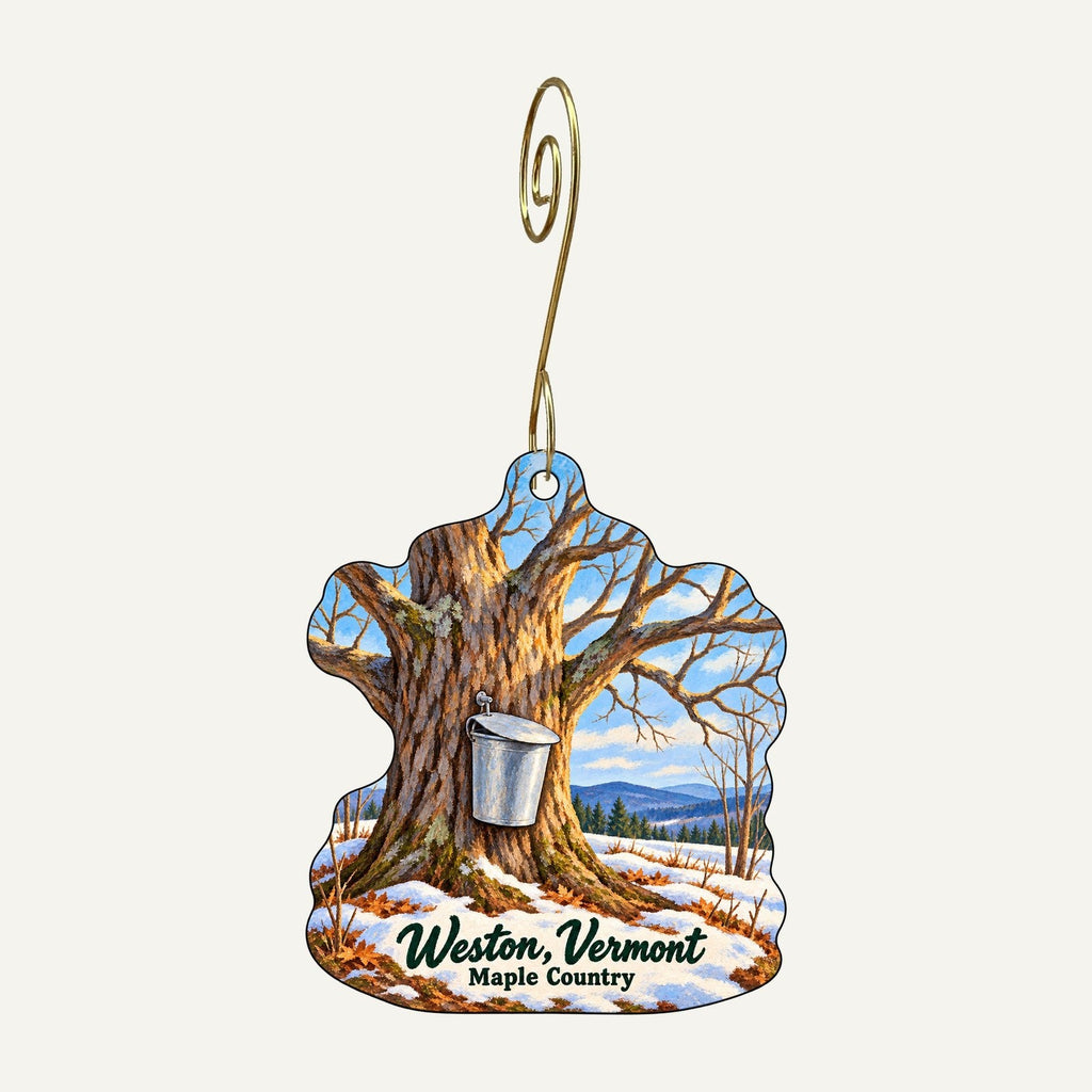 The Vermont Country Store Town Icon custom wood ornament OC100 hanging on hook