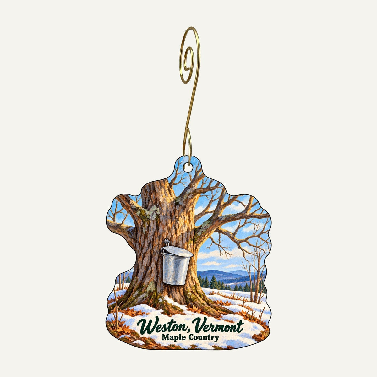 The Vermont Country Store Town Icon custom wood ornament OC100 hanging on hook