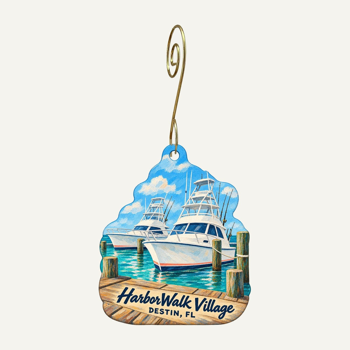 HarborWalk Village Logo custom wood ornament OC1010 hanging on hook