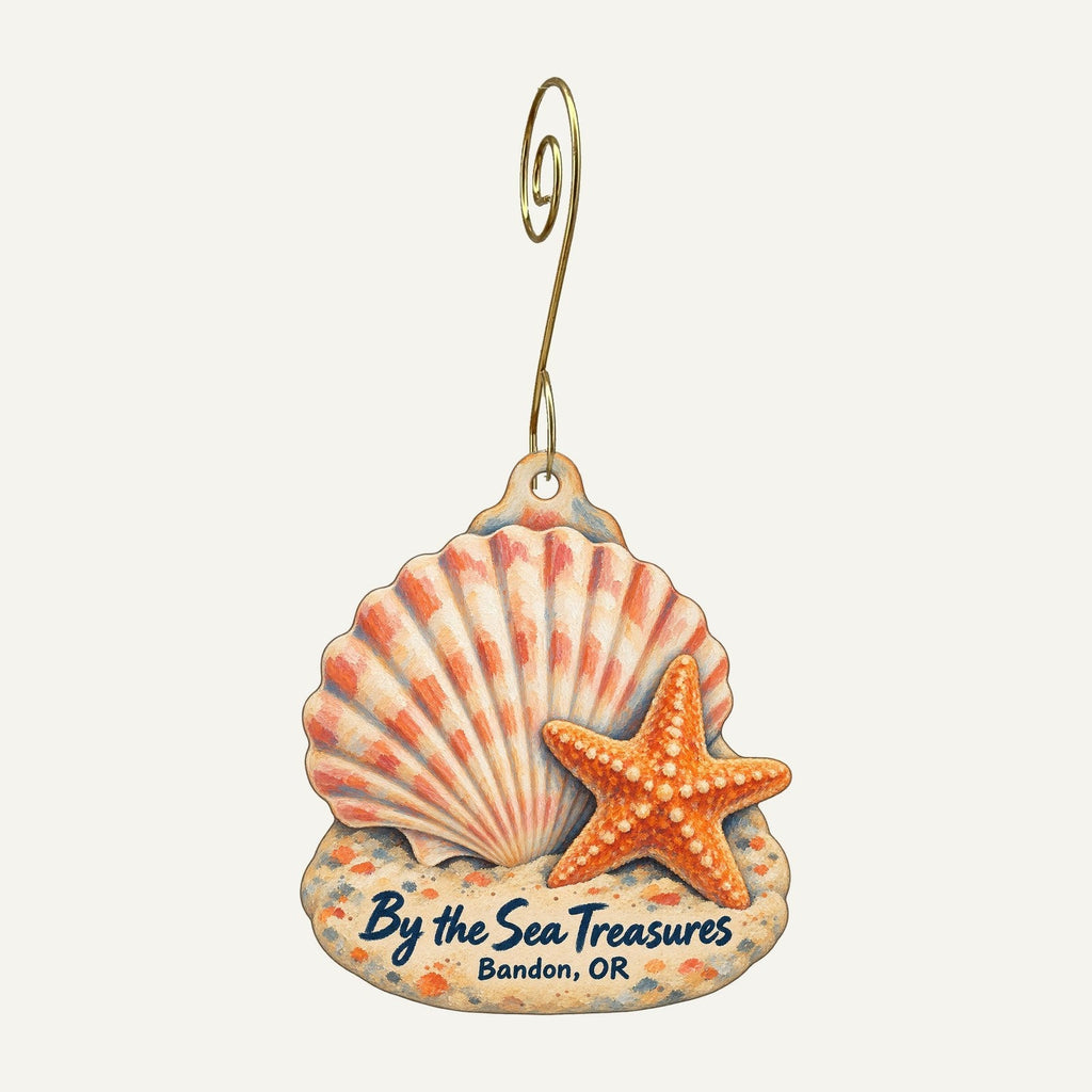 By the Sea Treasures Logo custom wood ornament OC1037 hanging on hook