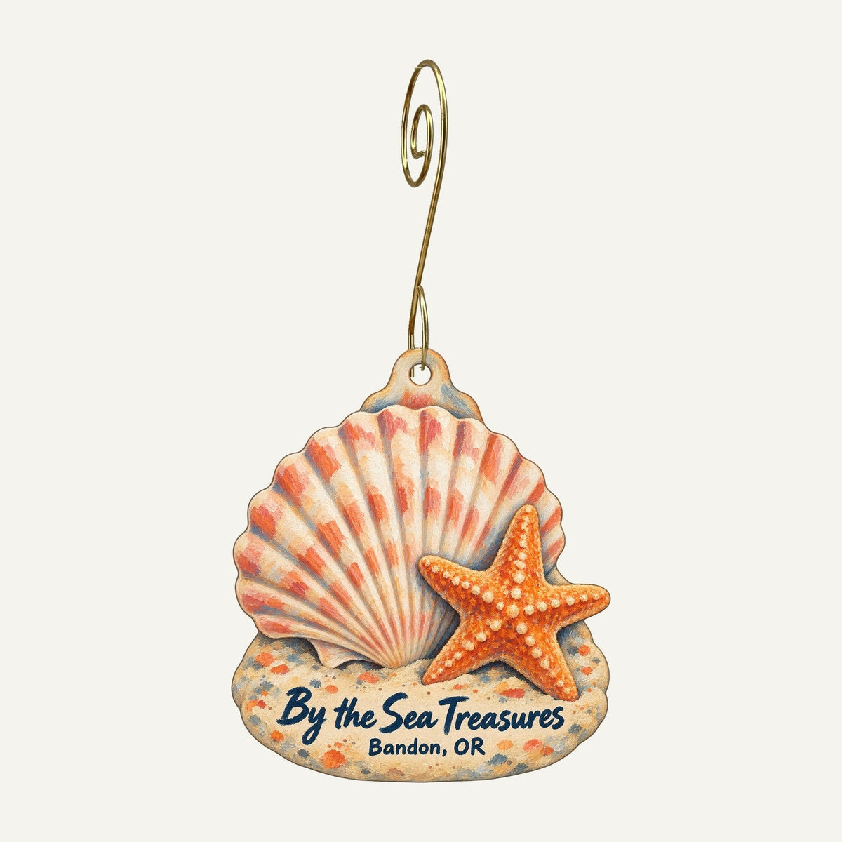 By the Sea Treasures Logo custom wood ornament OC1037 hanging on hook
