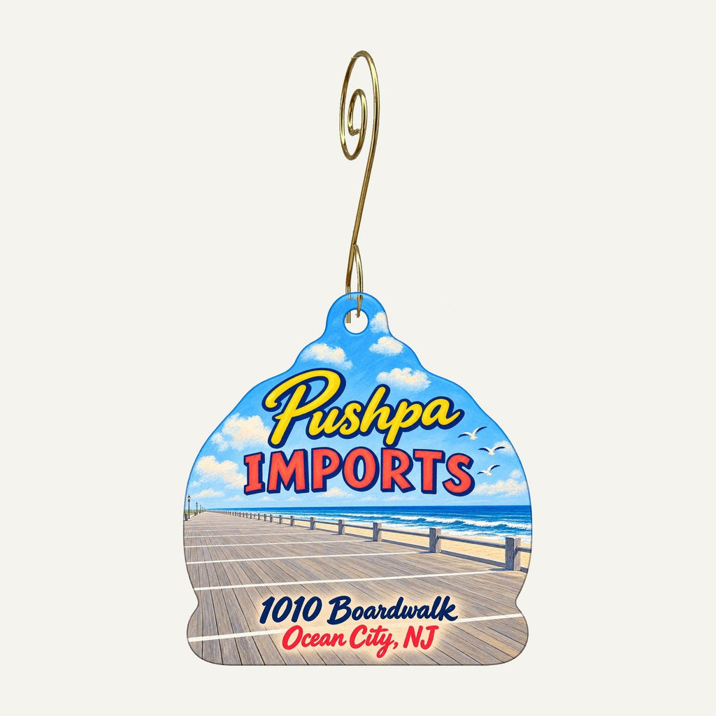 Pushpa Imports Logo custom wood ornament OC1046 hanging on hook