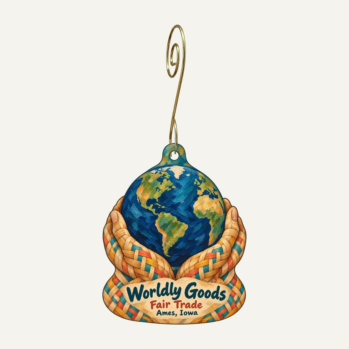 Worldly Goods Logo custom wood ornament OC1049 hanging on hook