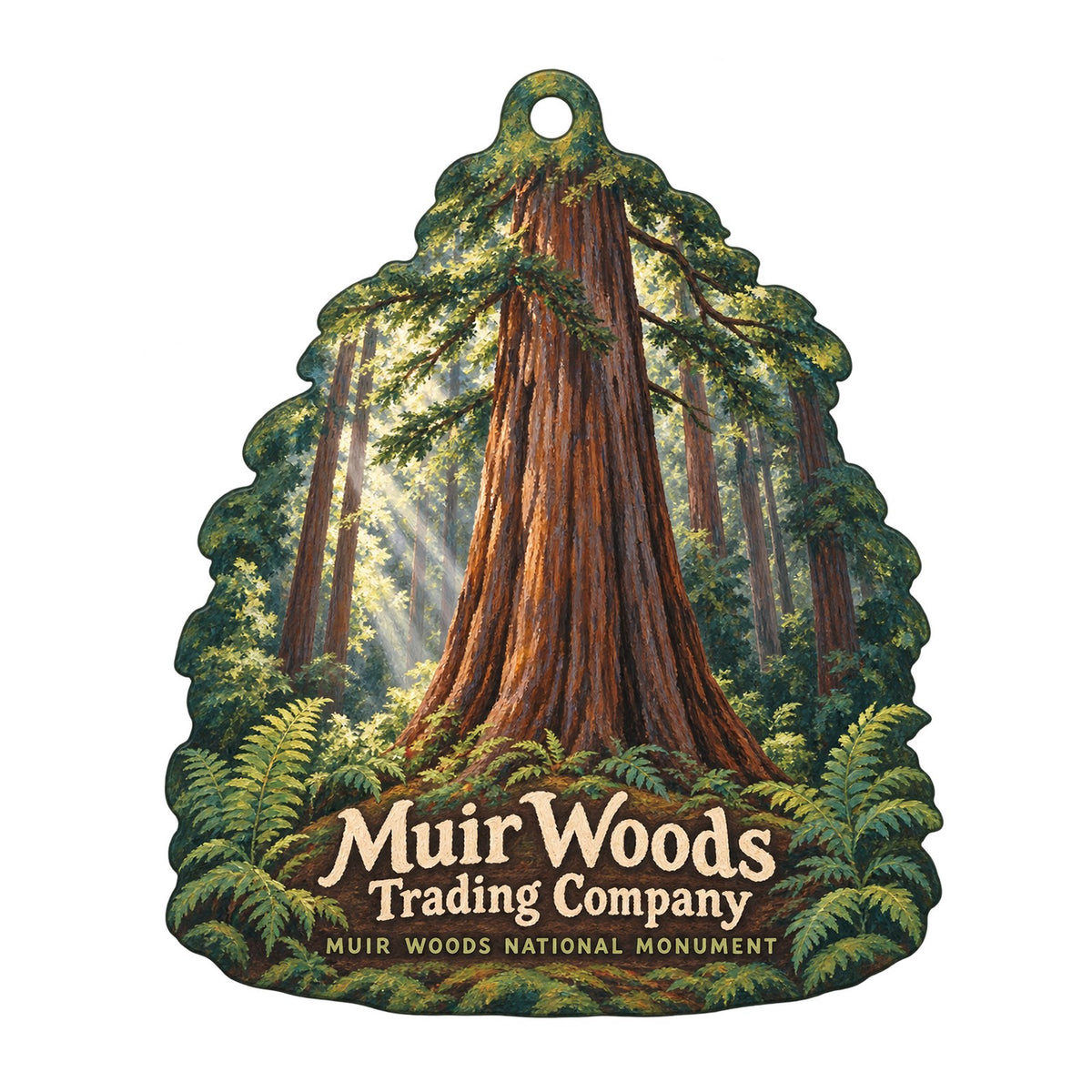 Muir Woods Trading Company Logo custom wood ornament OC104 on white