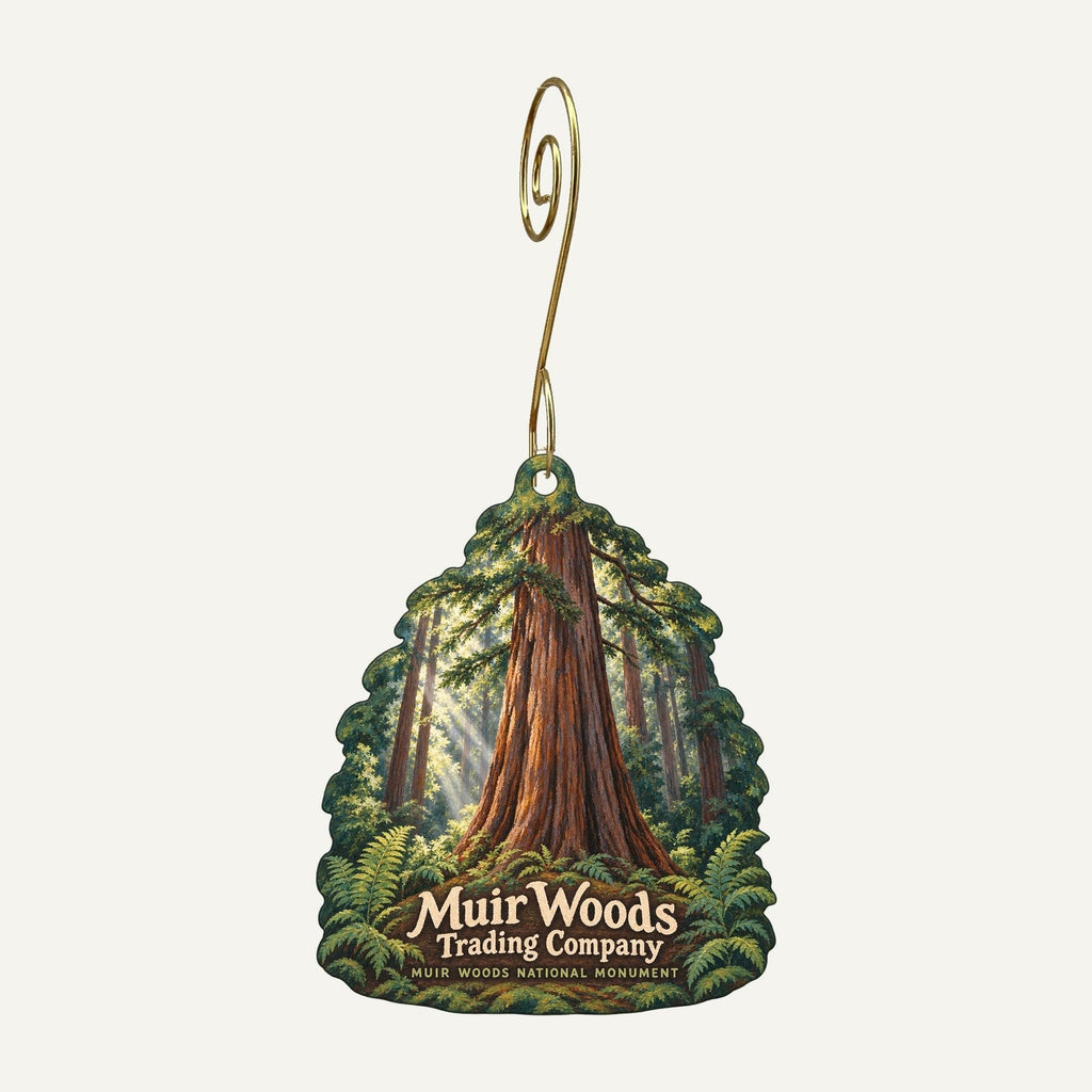 Muir Woods Trading Company Logo custom wood ornament OC104 hanging on hook
