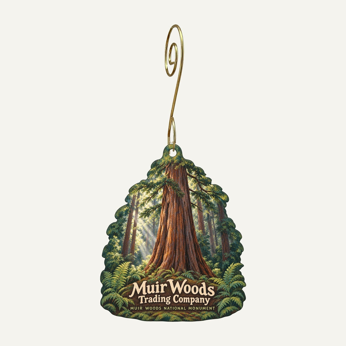 Muir Woods Trading Company Logo custom wood ornament OC104 hanging on hook