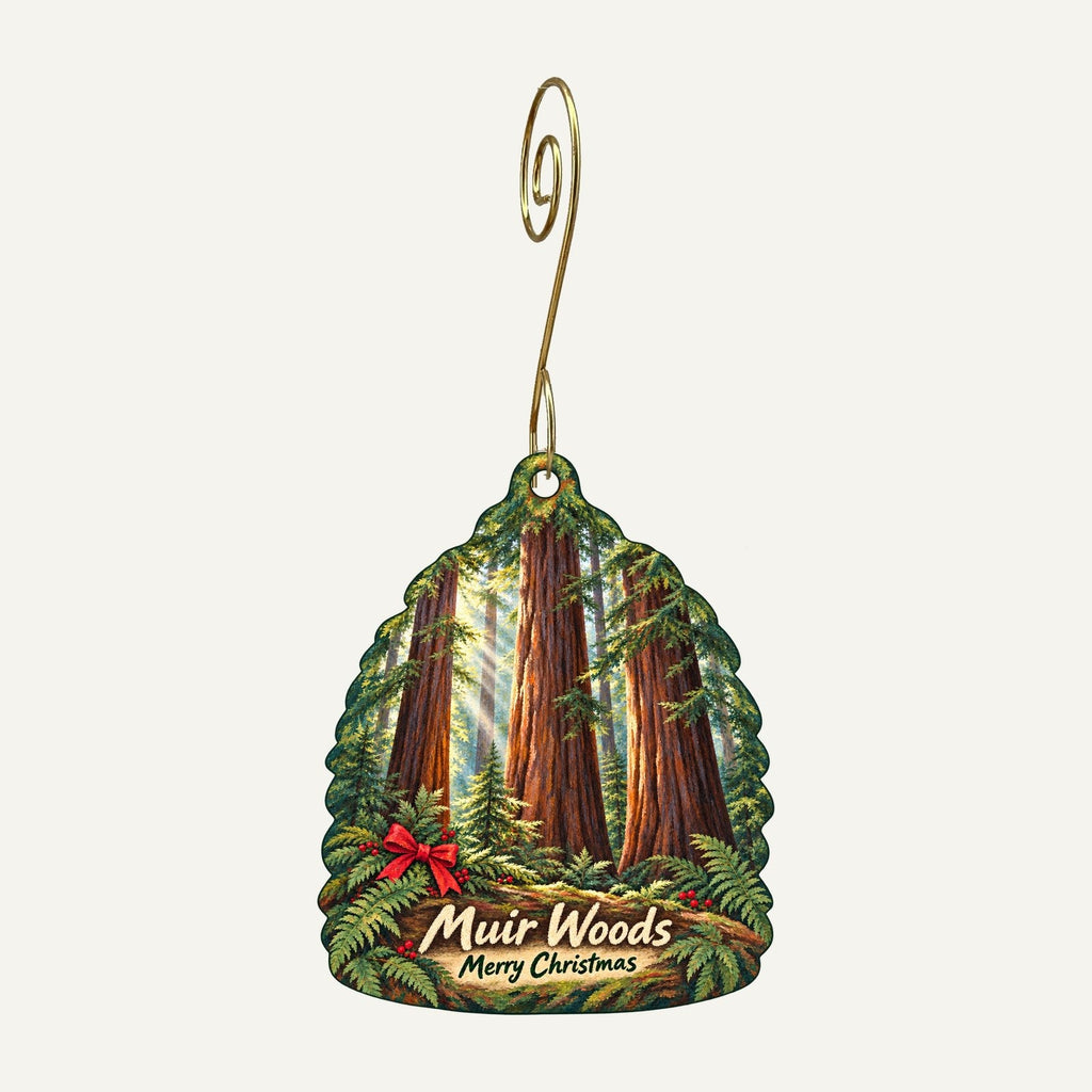 Muir Woods Trading Company Christmas custom wood ornament OC105 hanging on hook