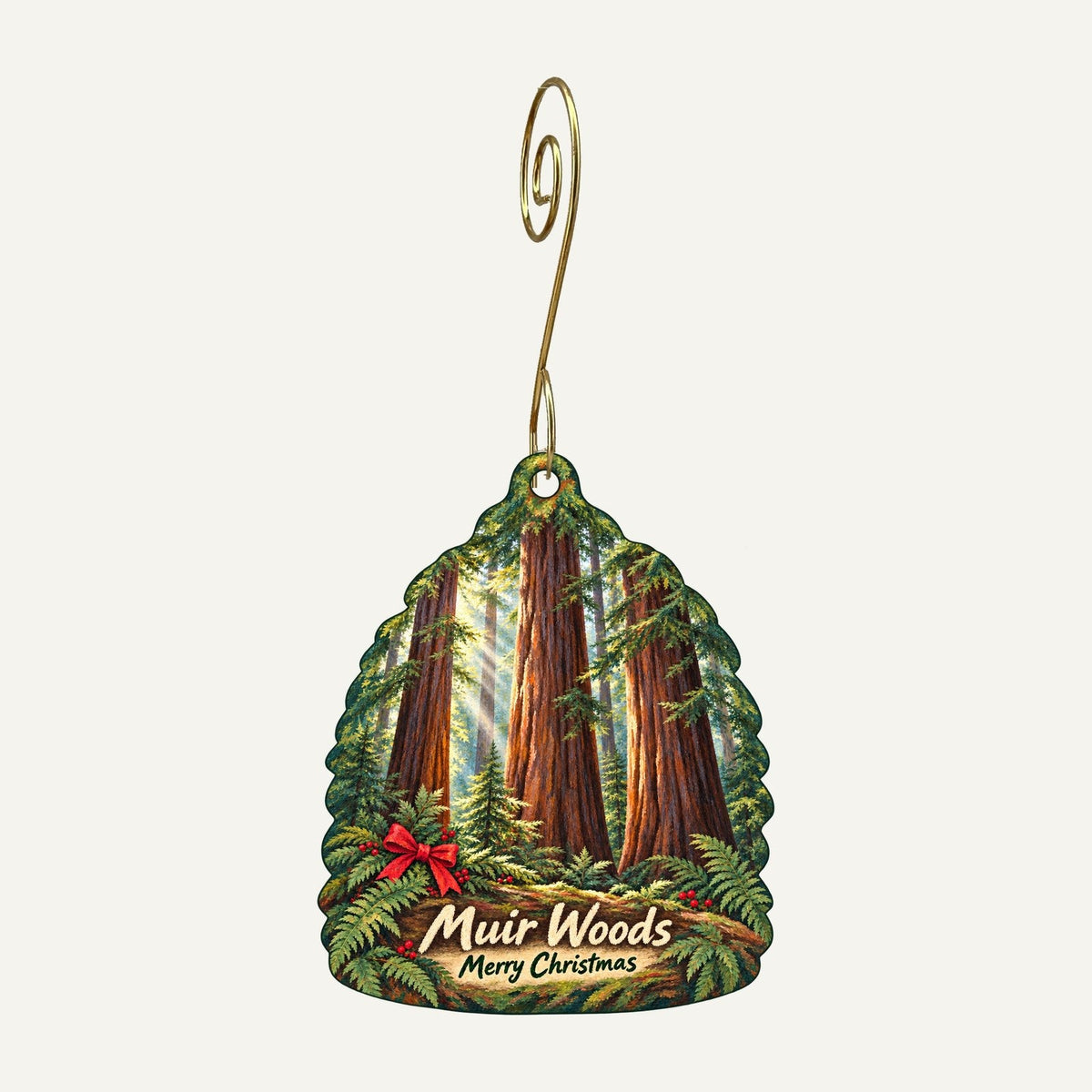 Muir Woods Trading Company Christmas custom wood ornament OC105 hanging on hook
