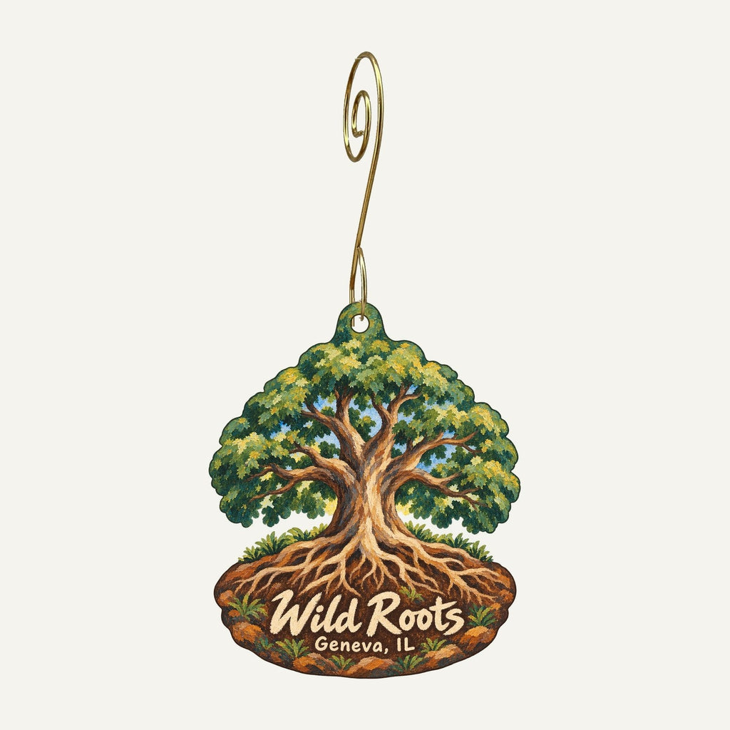 Wild Roots Geneva Logo custom wood ornament OC1067 hanging on hook