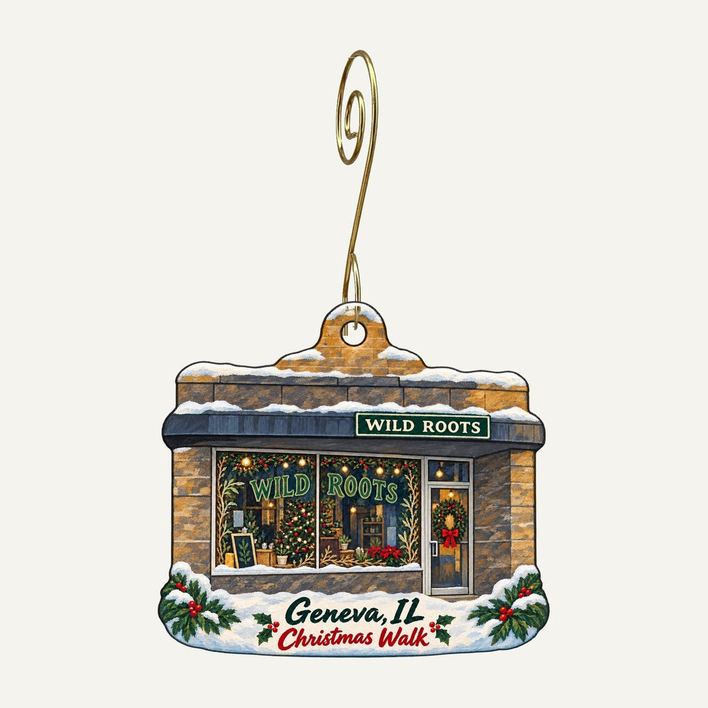 Wild Roots Geneva Christmas custom wood ornament OC1068 hanging on hook