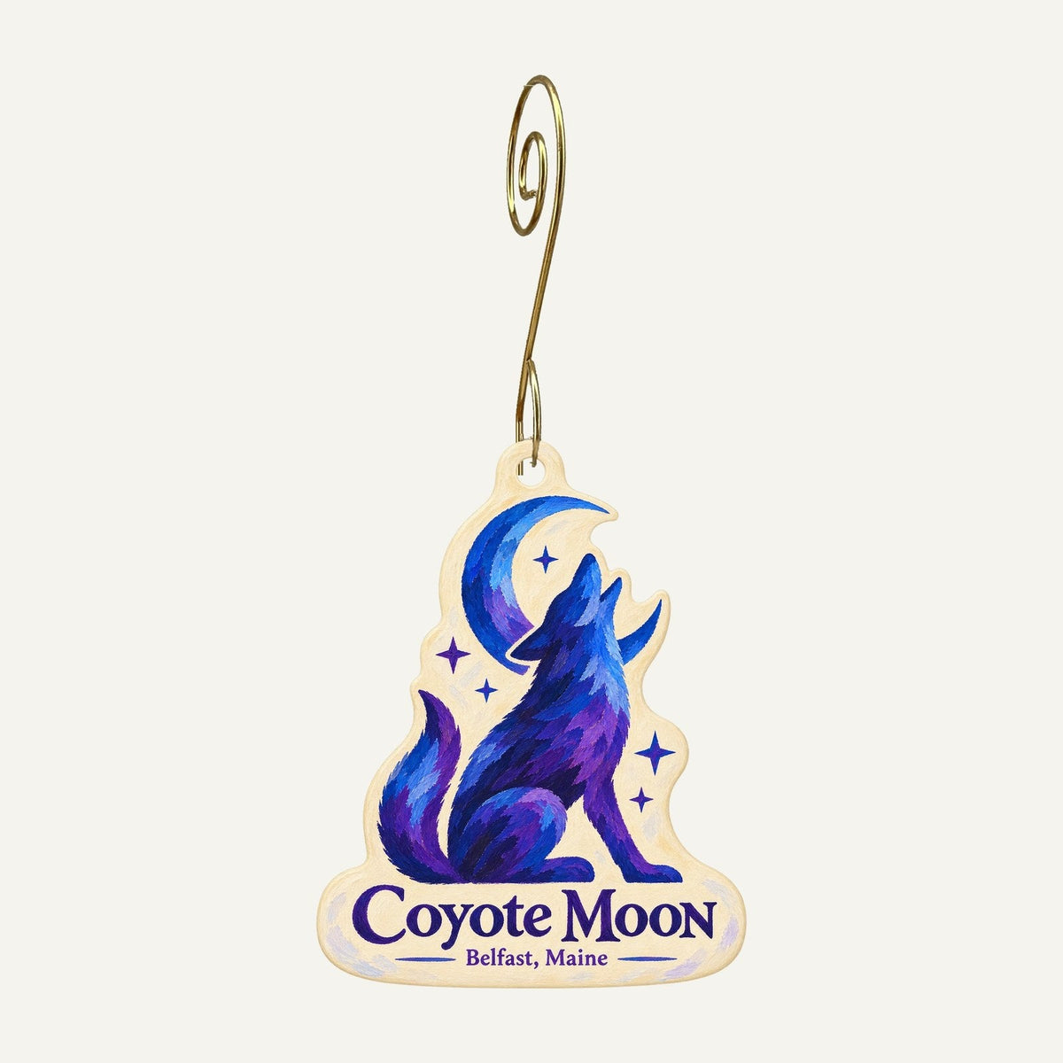 Coyote Moon Logo custom wood ornament OC1079 hanging on hook